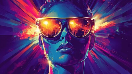 Leinwandbilder - Filmmaker expressing creativity in a colorful and vivid setting while wearing stylish sunglasses