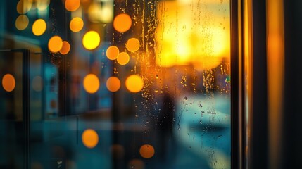 Poster - Golden sunlight filters through a wet window adorned with warm, glowing bokeh in an urban setting