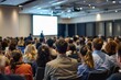 © PlanetOfVectors - Large audience attending a conference, focusing on a speaker at the front. Blurred background with presentation screen. Concept of business seminar. Ai generative