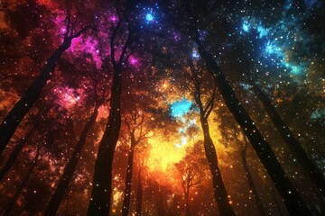 Wall Mural - Magical forest night, colorful stars, fantasy background, dreamlike scene, website design