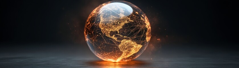 Poster - A glowing, fiery globe representing Earth, showcasing the Americas with bright connections, set against a dark background.