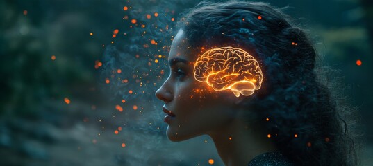 Poster - Woman with Glowing Brain, Neural Network, Artificial Intelligence, Imagination, Creativity