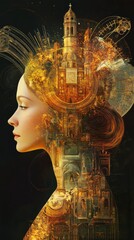Poster - Surreal representation of a glowing woman intertwined with historical architecture in a mystical setting