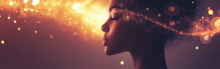 Poster - Surreal portrayal of a glowing woman in a mystical atmosphere at dusk, embodying light and energy