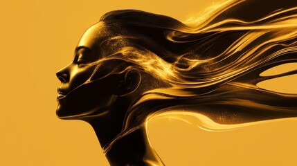 Poster - Surreal glowing woman with flowing hair against a vibrant yellow background in a dreamlike atmosphere captured during twilight