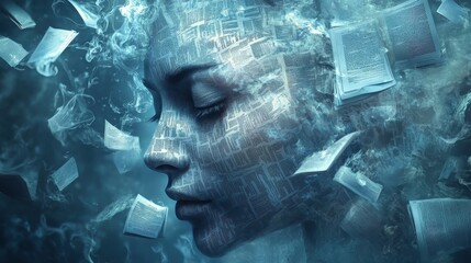 Poster - Surreal representation of a glowing writer's face among floating pages and ethereal elements