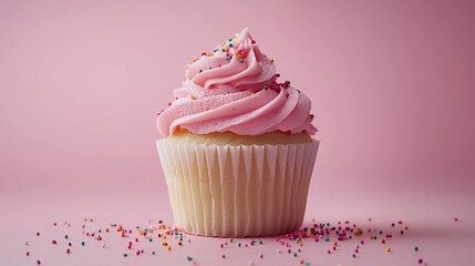 Wall Mural - Pink cupcake sprinkles pink background dessert sweet treat