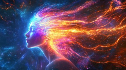 Poster - surreal representation of a glowing woman with vibrant energy flowing around her in a cosmic setting
