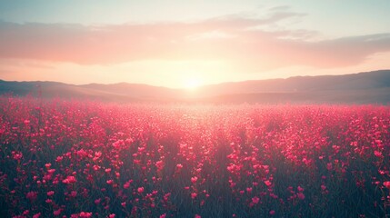 Wall Mural - pink flower field sunset landscape, peaceful nature scene, idyllic background