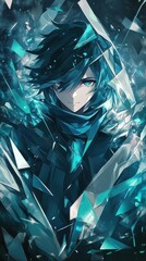 Poster - bold geometric design featuring a character in dark teal tones against a fragmented backdrop of shar