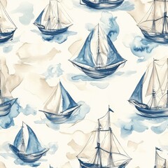 Poster - Serene watercolor doodle of sailboats drifting on soft clouds and gentle waves in a tranquil ocean setting