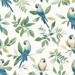 Poster - Watercolor doodle of parrots and leaves set in a tranquil natural environment