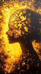 Fototapete - Serene portrait of a woman amidst golden leaves in a tranquil forest setting during autumn
