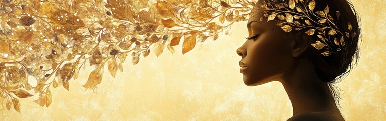 Poster - Portrait of a woman radiating tranquility amidst golden foliage in a serene atmosphere