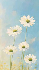 Aufkleber - Daisies bloom softly under a pale blue sky in a serene landscape during a calm afternoon