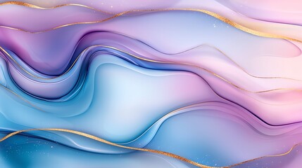 Poster - A mesmerizing abstract composition featuring flowing waves of soft pastel colors blended harmoniously with elegant gold accents, ideal for digital art and design projects.
