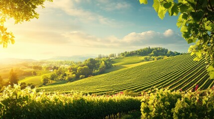 Poster - Lush vineyard stretches across rolling hills under a bright morning sky with a tranquil ambiance