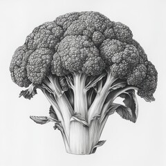 Poster - Detailed illustration of a broccoli head showcasing intricate florets and sturdy stalks in black and white