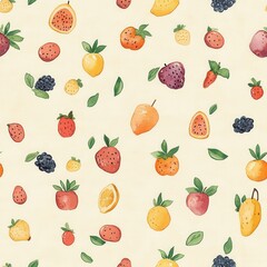 Poster - Colorful watercolor doodle depicting various fruits on a light background, showcasing joyful patterns and vibrant details