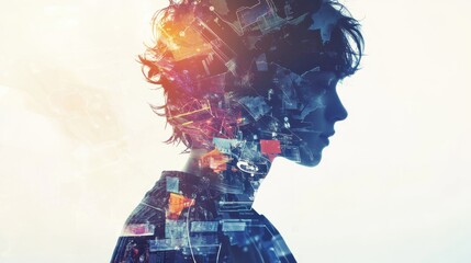 Aufkleber - Dynamic silhouette of a young entrepreneur in a high-tech environment showcasing innovation and ambition