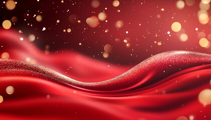 Poster - A mesmerizing close-up of crimson waves with sparkling golden bokeh effects. This luxurious red fabric creates a captivating, festive ambiance perfect for holiday-themed designs.