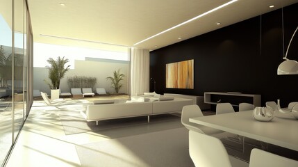 Poster - Elegant dining room featuring dramatic black accents and modern furnishings in an airy setting