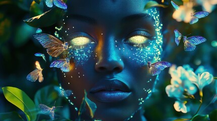 Aufkleber - Merging of a woman's face with vibrant butterflies and glowing elements in a lush garden setting
