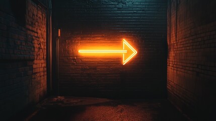 Poster - Vibrant orange neon arrow sign glows on a dark brick wall in a narrow alleyway, symbolizing direction, guidance, and the path to the future
