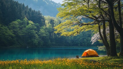 Poster - Enjoying a peaceful camping experience by the serene lake surrounded by lush greenery and vibrant flowers