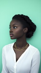Poster - striking portrait of a woman against a mint green background showcasing minimalist beauty and elegan