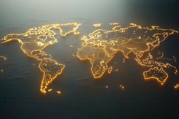 Poster - A glowing world map illuminated by golden lights, showcasing continents and oceans in a captivating artistic representation.