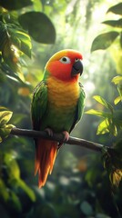 Poster - Colorful parrot perched on a branch amidst lush green foliage in a sunlit forest