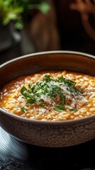 Poster - Close-up view of a bowl filled with creamy risotto garnished with fresh herbs and cheese in a cozy dining setting during sunset