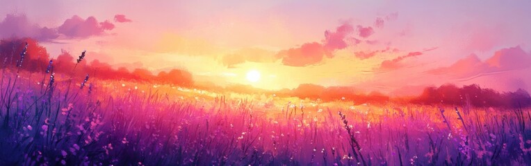 Aufkleber - Vibrant sunset over a blooming lavender field with soft pastel colors and gentle clouds in the evening sky