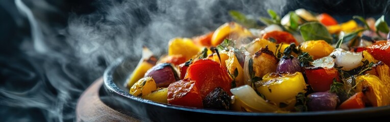 Aufkleber - Vibrant close-up of roasted vegetables with aromatic herbs on a dark background showcasing culinary artistry