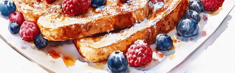Poster - Delicious close-up view of golden brown French toast garnished with fresh berries and powdered sugar