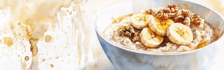 Poster - Close-up view of creamy oatmeal topped with banana slices and walnuts against a soft watercolor background