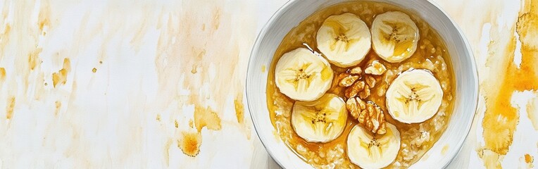 Poster - Delicious close-up of oatmeal with banana slices and walnuts in a watercolor setting