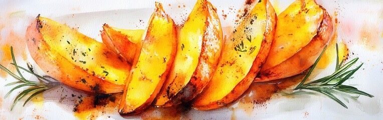 Poster - Delicious close-up of vibrant roasted orange sweet potatoes garnished with fresh herbs on a watercolor background