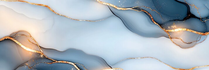 Poster - A stunning abstract design featuring flowing blue and white colors with elegant gold accents. Ideal for backgrounds, digital art projects, or creative graphic design.