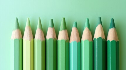 Poster - Soft pencil strokes create a gradient in pastel green shades arranged in a row on a smooth surface