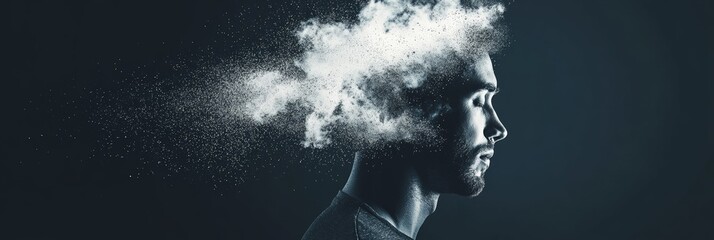 Aufkleber - Side view portrait of a young man with head exploding into small particles, illustrating concepts of dementia, stress, burnout, migraine, and mental health issues