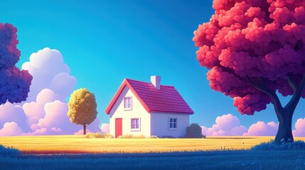 Wall Mural - House in a field with pink and yellow trees, serene landscape, background clouds, for wallpapers