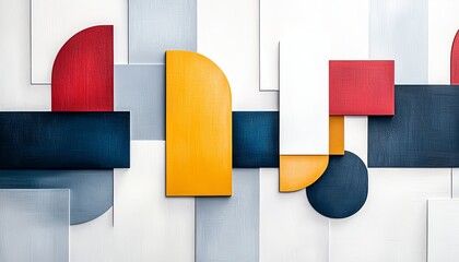 Poster - A vibrant abstract composition featuring geometric shapes in bold colors such as yellow, red, and blue. Ideal for contemporary design projects requiring a modern, artistic touch.