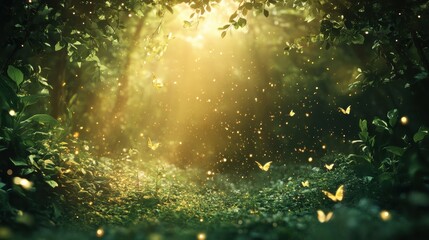 Poster - Golden bokeh highlights create an enchanting atmosphere in a lush forest with butterflies dancing in soft sunlight