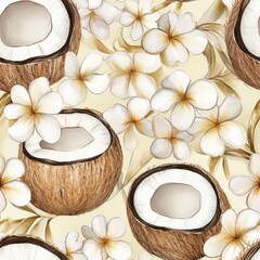 Poster - Whimsical watercolor doodles of coconuts and flowers in a playful arrangement on a light background