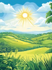 Wall Mural - Sunny landscape with rolling green hills, a bright sun and some foliage ideal for children's books