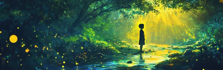 Poster - Bright child standing in a glowing forest surrounded by vibrant nature and soft light beams