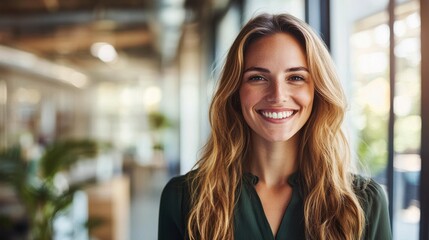 Poster - Vibrant businesswoman smiling confidently in a modern office setting