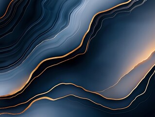 Poster - Abstract illustration featuring fluid curves and waves in blue and gold. Perfect for backgrounds, digital art, and modern design projects, evoking depth and elegance.